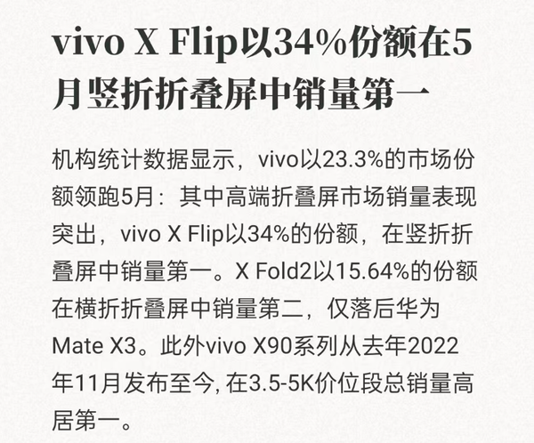 vivo X Flip成竖折叠屏手机销量第一 领跑整个手机行业！