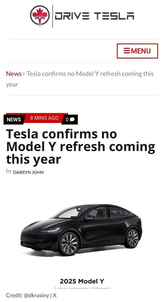 官方传言！特斯拉内部认为Model Y不会在2024年更新。