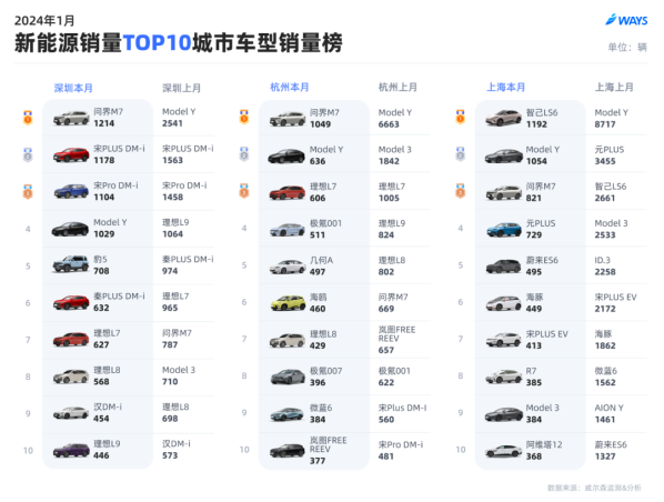 中国十大城市哪些新能源汽车卖得最好？求M7拿多个冠军。